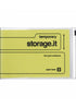 A clear plastic zippered storage case containing a lime yellow dot grid notebook with black printed text and guidelines. The brand name 'temporary storage.