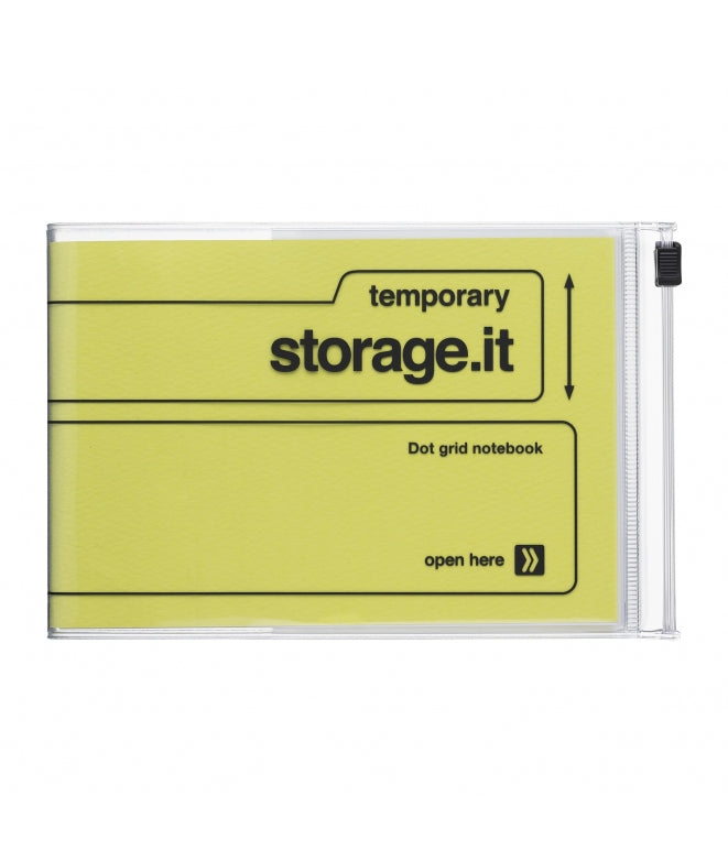 A clear plastic zippered storage case containing a lime yellow dot grid notebook with black printed text and guidelines. The brand name 'temporary storage.
