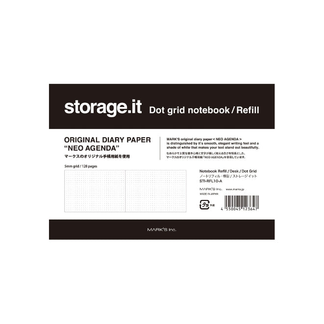 Front packaging of a Storage.it Neo Agenda dot grid notebook refill, showing product details, specifications, and a barcode on a white background.