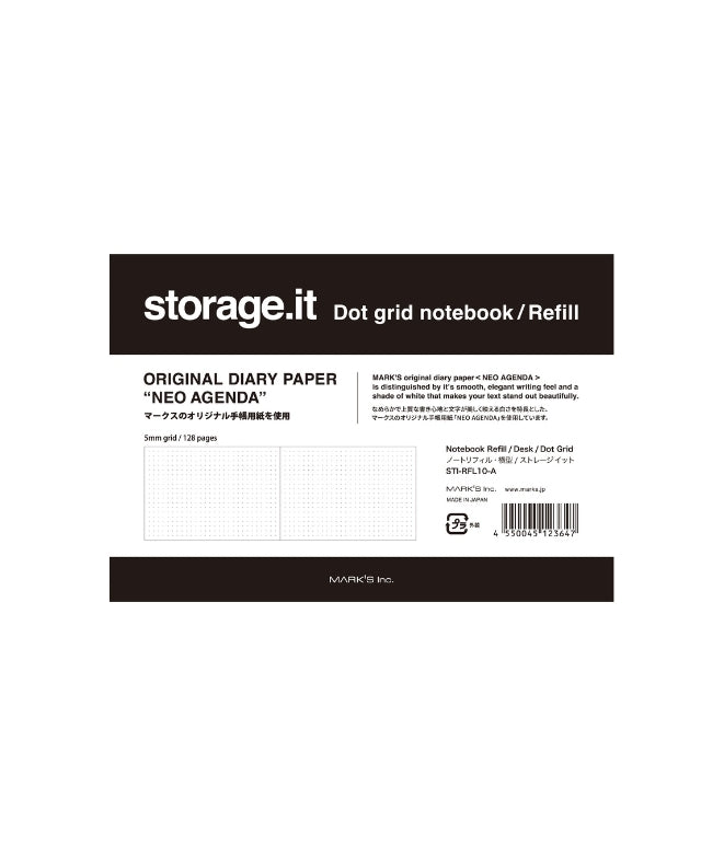 Front packaging of a Storage.it Neo Agenda dot grid notebook refill, showing product details, specifications, and a barcode on a white background.