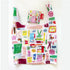 A reusable tote bag with shoulder straps printed with colorful stationery-themed illustrations, shown on a plain white background. A matching small pouch is placed above the bag.