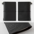 Black leather notebook with '20th Traveler's notebook' embossed on it, shown from different angles.