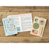 A flat-lay of a travel notebook set on a rustic wooden background, featuring a light blue 'Travel Guide' booklet, an open notebook with red and black text, and a cream-colored stamp booklet with colorful stamps.