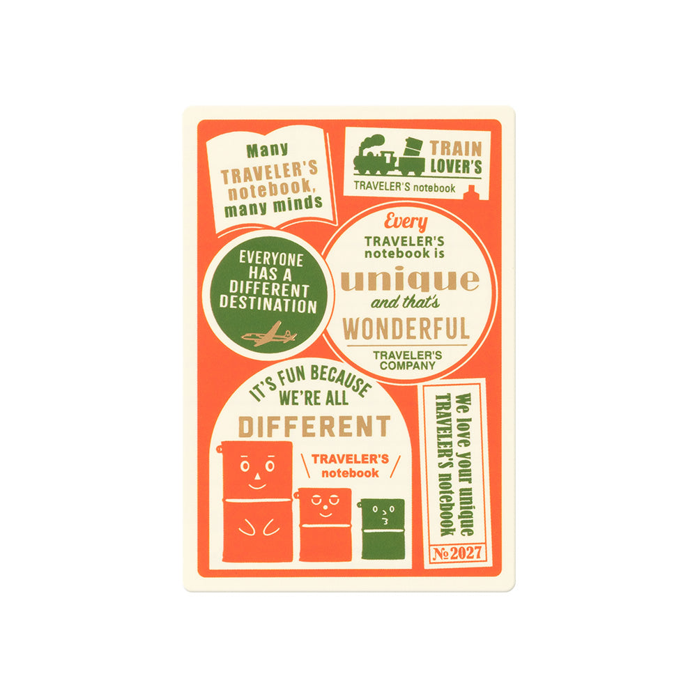 A rectangular sticker sheet featuring retro travel-themed quotes and illustrations in orange, cream, and green, with the text 'Traveler's notebook' and 'No 2027' printed on it.