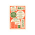A rectangular sticker sheet featuring retro travel-themed quotes and illustrations in orange, cream, and green, with the text 'Traveler's notebook' and 'No 2027' printed on it.