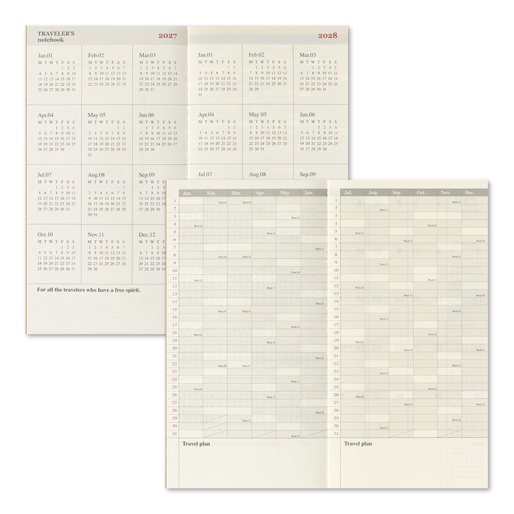 A set of cream-colored travel planner and notebook pages displayed on a white background, showing the front cover with 2007 and 2008 calendar views and interior grid pages for travel planning.