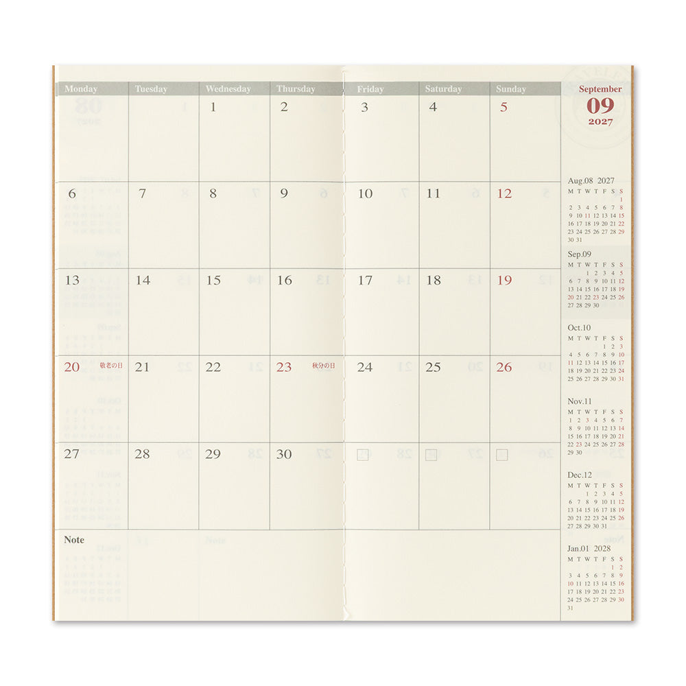 An open monthly calendar spread showing September 2027, with a cream-colored page, gray weekday headers, and small red highlighted dates.