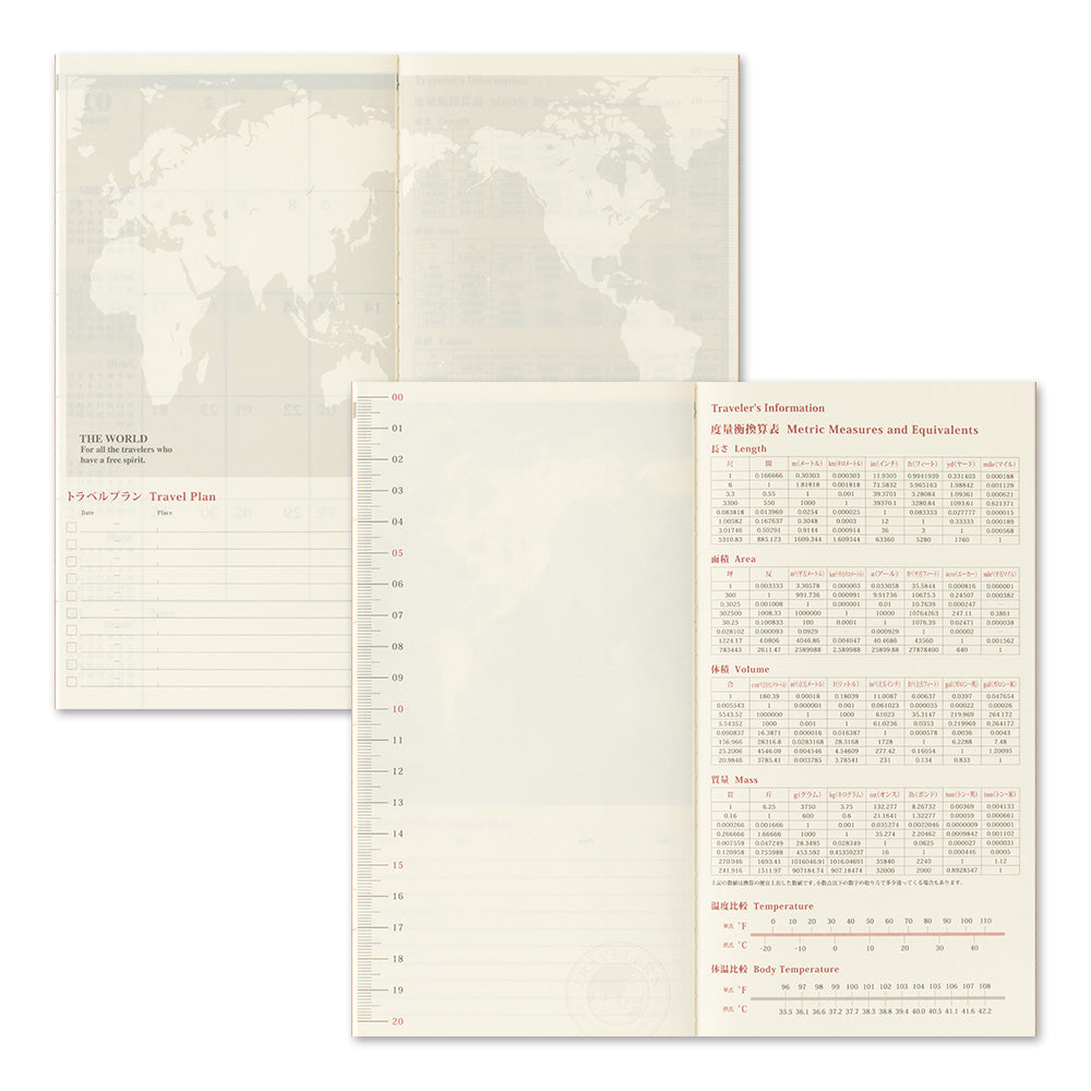 A travel planner or notebook shown open to multiple pages, featuring a muted world map on the cover and printed travel information inserts including a travel plan sheet, a lined daily log page, and a North America measurements and elevations reference page.