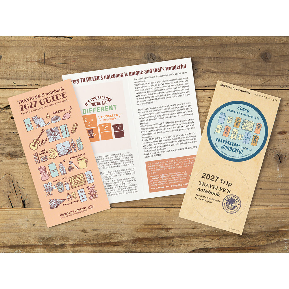 Three printed booklet pages for a traveler's notebook laid out on a rustic wooden surface. The pages include illustrated covers and text sections, including one peach-colored guide page, one cream text page, and one kraft-paper style page with a blue circular design.