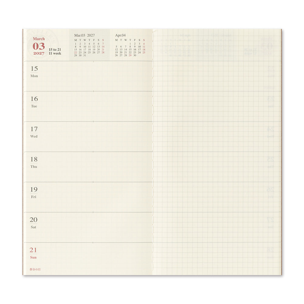 An open planner page with a cream-colored grid layout, featuring a small monthly calendar at the top left for March 2027 and daily time slots from Monday to Sunday on the left side.