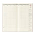 An open planner or calendar showing a weekly schedule page with columns for Monday through Sunday and a right-hand sidebar showing monthly calendars and dates, photographed on a plain white background.