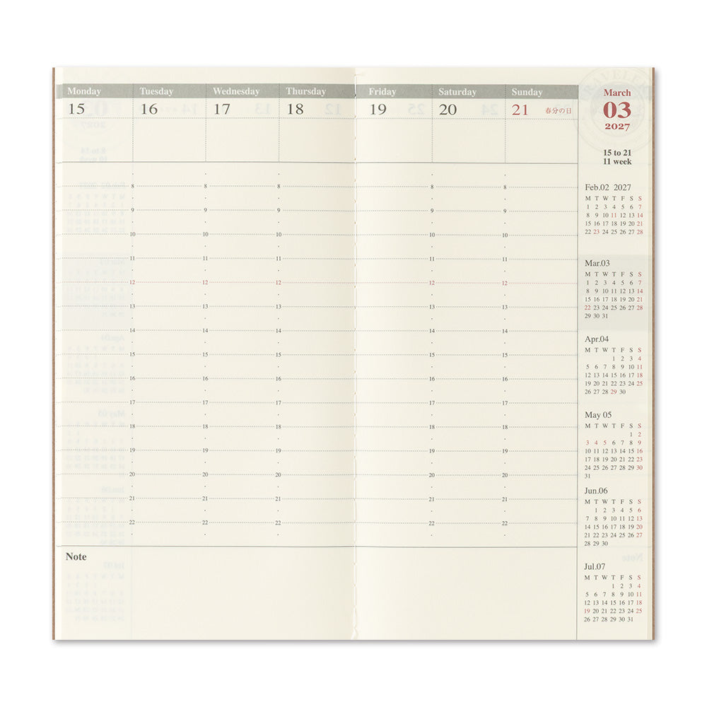 An open planner or calendar showing a weekly schedule page with columns for Monday through Sunday and a right-hand sidebar showing monthly calendars and dates, photographed on a plain white background.