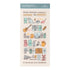 Traveler's notebook clear folder sticker sheet from Translapse Company, featuring various travel-themed illustrations like a cat, guitar, coffee maker, and train on a cream background with a teal header.