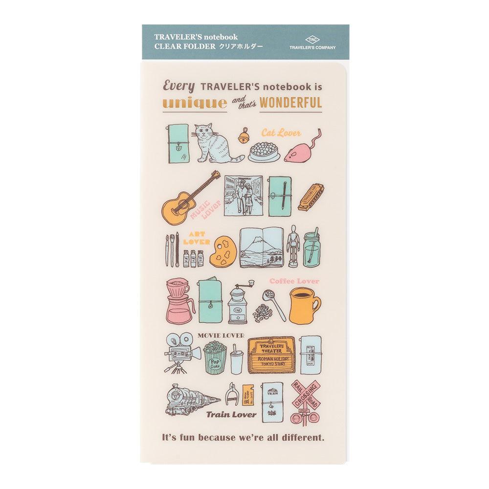 Traveler's notebook clear folder sticker sheet from Translapse Company, featuring various travel-themed illustrations like a cat, guitar, coffee maker, and train on a cream background with a teal header.