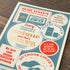 A rectangular notebook or book cover laid on a dark wood surface, featuring retro-style illustrated labels and phrases such as 'Music Lover's Traveler's Notebook' and 'Every traveler's notebook is unique and that is wonderful.' The product fills most of the frame at an angle, with visible printed graphics and no person or animal present.