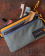 Gray toiletry bag with yellow zipper on a wooden surface, containing various travel items.