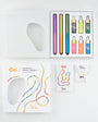 Ori highlighter set with colorful bottles, a white applicator, and branded packaging on a light gray background.