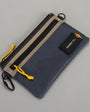 Blue pouch with yellow drawstring and black tag on a gray background