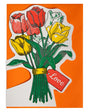 Card with a bouquet of red and yellow tulips and a 'Love' tag on an orange background
