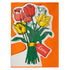 Card with a bouquet of red and yellow tulips and a 'Love' tag on an orange background