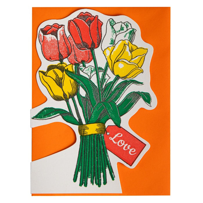 Card with a bouquet of red and yellow tulips and a 'Love' tag on an orange background