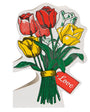 Sticker of a bouquet of red and yellow tulips with a 'Love' tag on a white background
