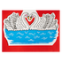 Card with a stylized illustration of two swans in a boat on a red background