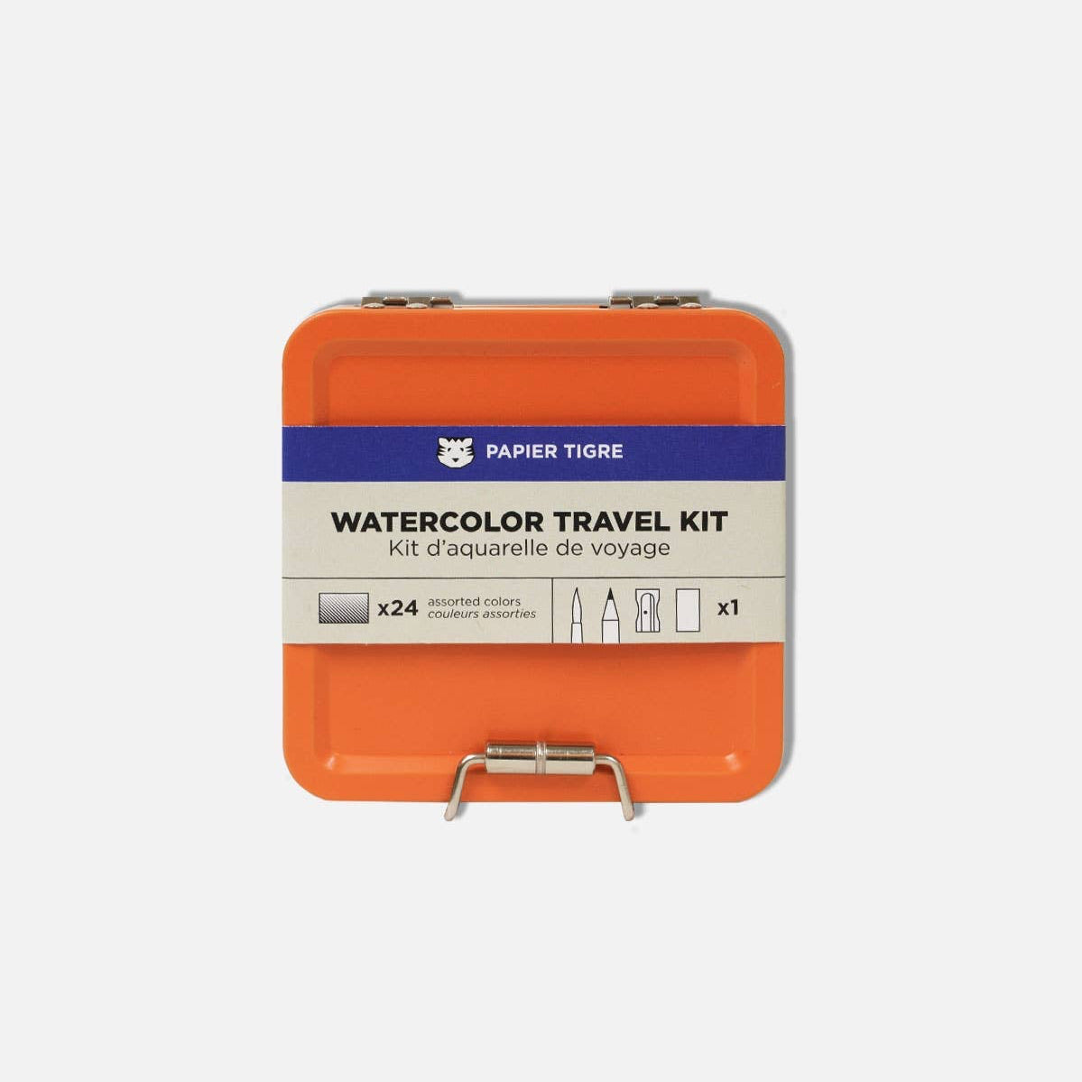 Orange watercolor travel kit with 'Papier Tigre' branding on a white background