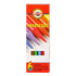 A box of Progresso 6-color woodless colored pencils, featuring a red and white packaging design with illustrations of colored pencil tips and a small window showing the pencil colors.
