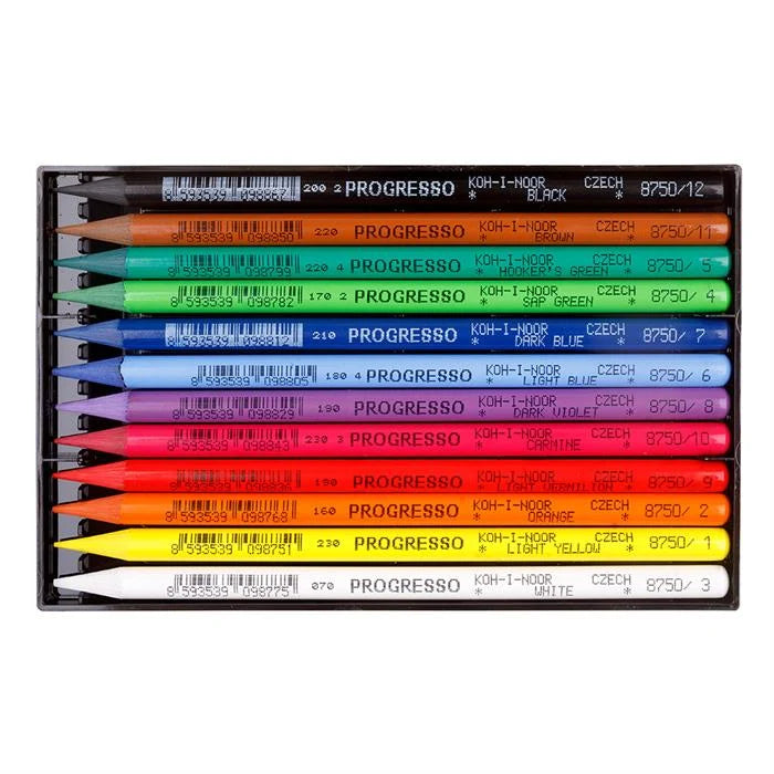 A set of 12 Progresso Koh-I-Mor colored pencils in a black plastic case, arranged vertically to show a full spectrum of colors from orange and green to yellow, red, pink, purple, and white.