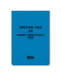 Blue writing pad with text on a white background