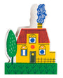 Colorful house-shaped object with a tree on a white background