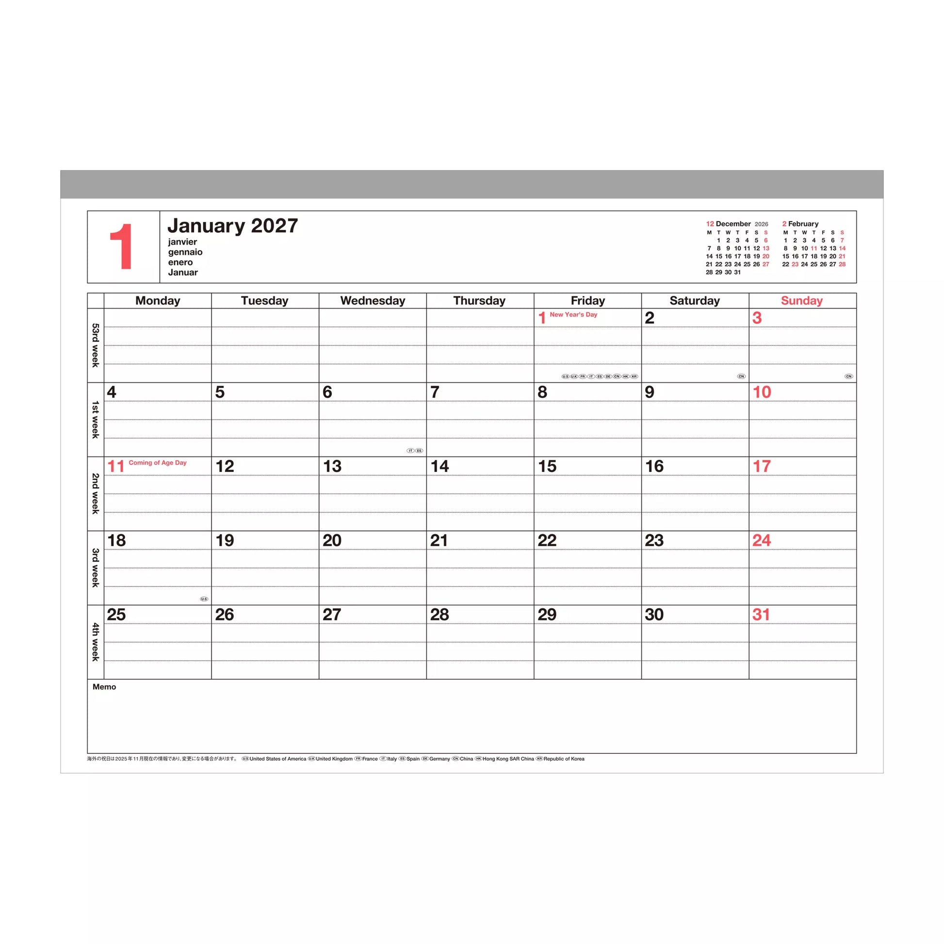 Desk Calendar 2027