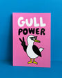 Card with a cartoon seagull and 'Gull Power' text on a pink background