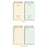 Four spiral-bound notepad pages shown in a 2x2 grid on a white background. The top row contains two cream and mint green notepads with writing areas, and the bottom row contains two cream and mint green notepads with checklist sections.