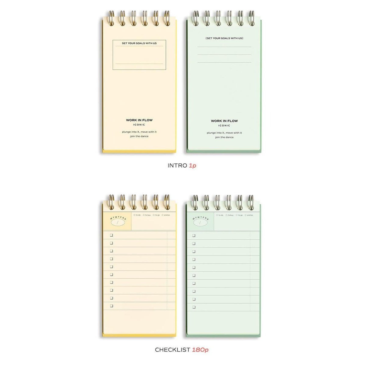 Four spiral-bound notepad pages shown in a 2x2 grid on a white background. The top row contains two cream and mint green notepads with writing areas, and the bottom row contains two cream and mint green notepads with checklist sections.