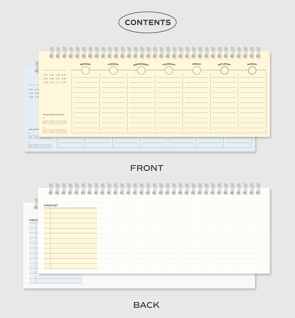 A spiral-bound planner or calendar pad shown from both front and back on a light gray background. The top view shows the front cover labeled CONTENTS with weekly columns and a small calendar section.