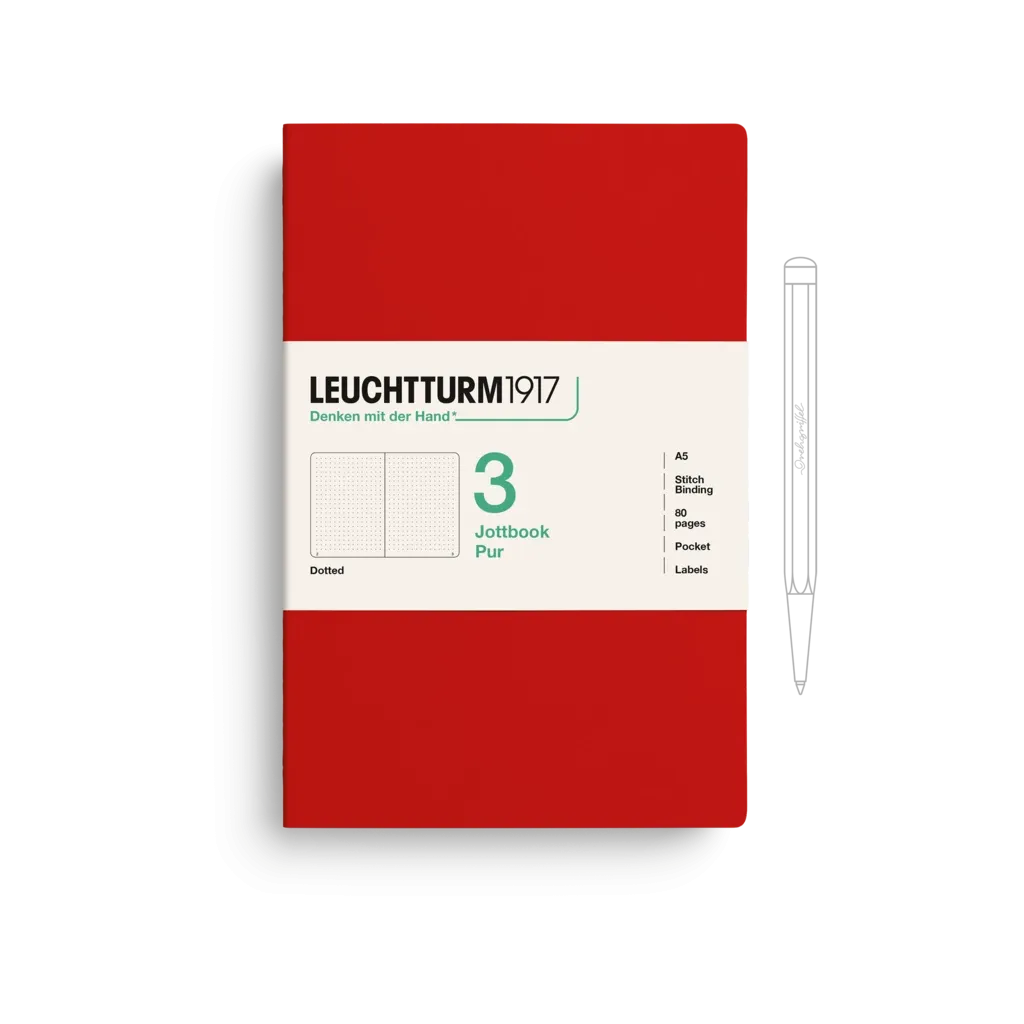 Red notebook with white cover featuring Leuchtturm1917 branding on a white background