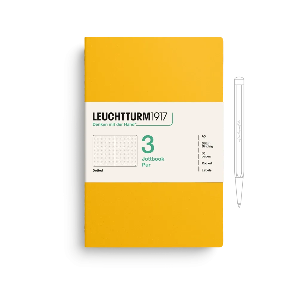 Yellow notebook with white label featuring 'Leuchtturm1917' on a white background