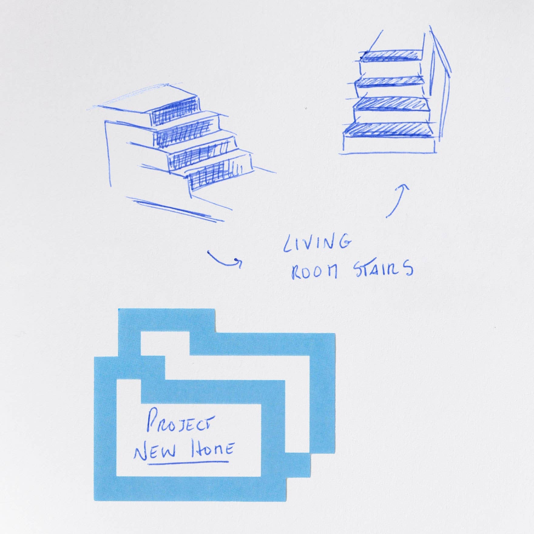 Blue architectural sketches of stairs on a white background with 'Project New Home' text.