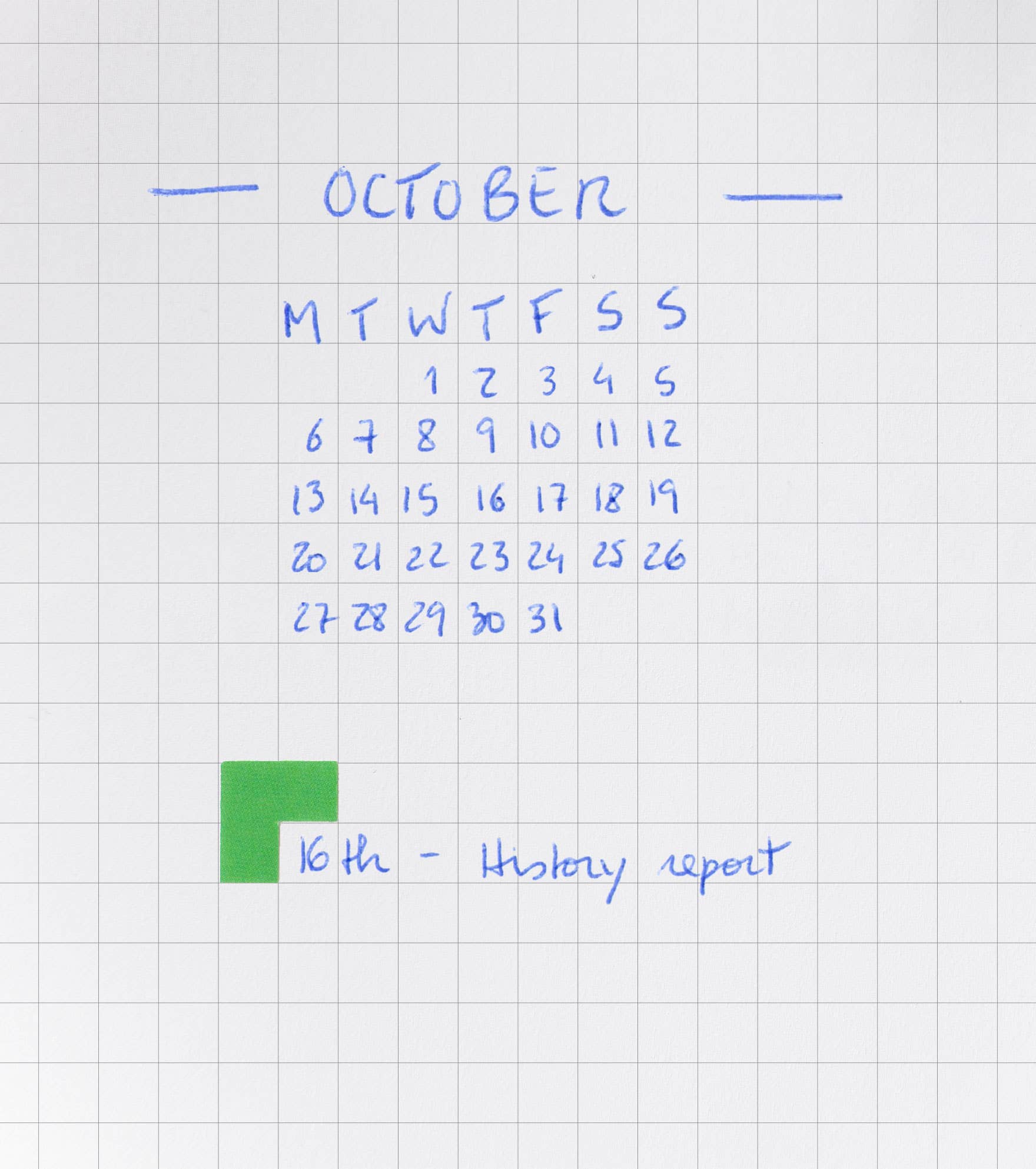 Handwritten October calendar on graph paper with a green square marking the 16th.
