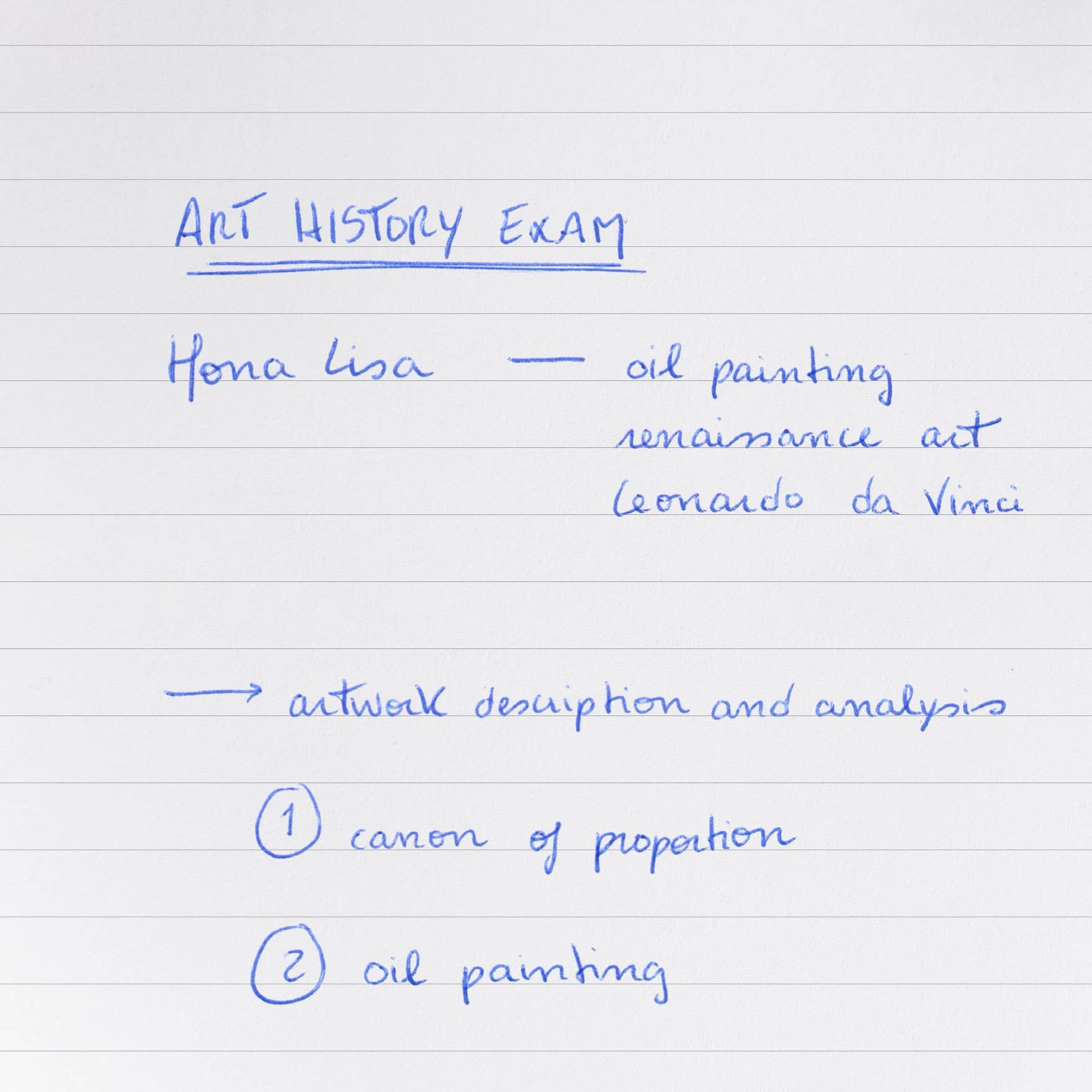 Handwritten notes on a whiteboard about the Mona Lisa by Leonardo da Vinci, including description and analysis points.
