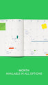 Calendar app interface on a green background with text 'Month Available in All Options'.