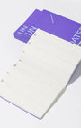 White notepad with purple border and text on a white background