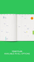 Open planner on a green background with text 'Year Plan Available in All Options'.