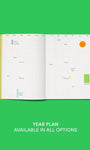 Open planner on a green background with text 'Year Plan Available in All Options'.