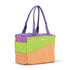 Colorful tote bag with purple, green, and orange sections on a white background