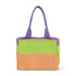 Colorful tote bag with purple handle on a white background