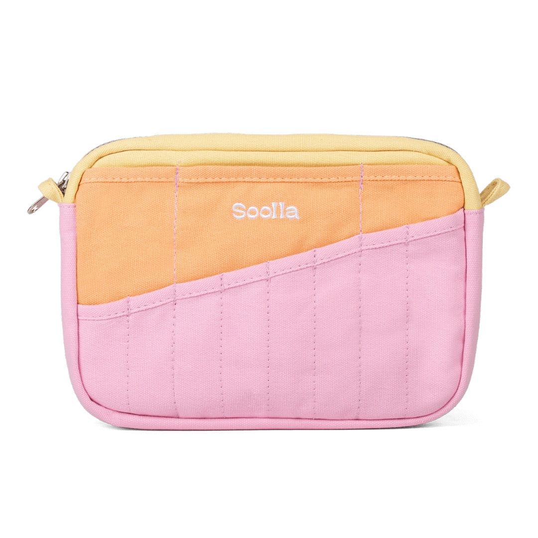 Pink and orange quilted pouch with 'Soolia' branding on a white background