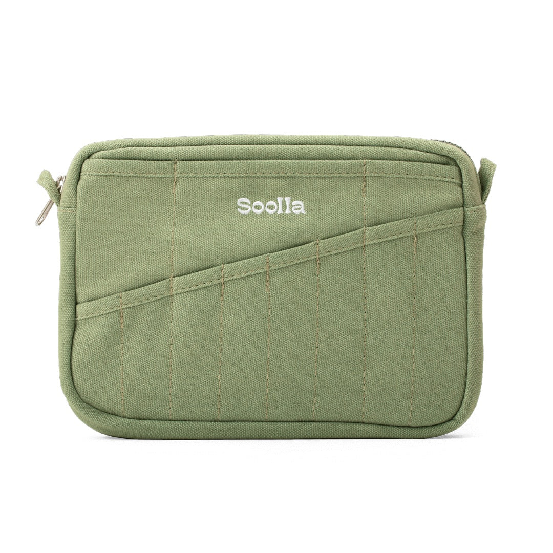 Green travel pouch with 'Soolala' branding on a white background